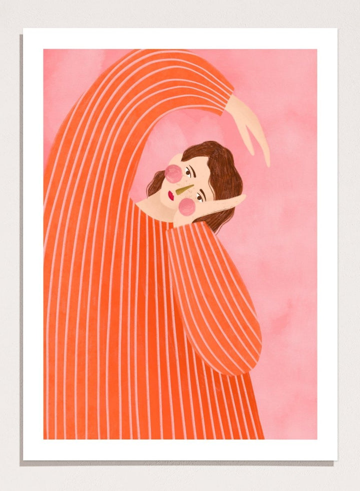 A framed art print featuring a stylized illustration of a woman in a flowing orange and white striped dress, posed in a graceful arch against a soft pink background. Thoughtful Girl in Stripes by Bea Müller premium framed fine art print featuring a woman in an oversized orange striped top against a soft pink background.