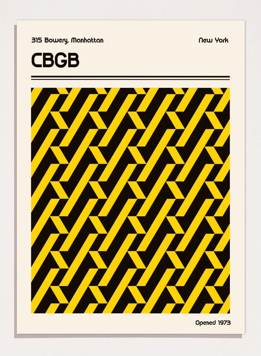 A vintage-style poster or print featuring a bold black and yellow geometric pattern in the center, with the text &
