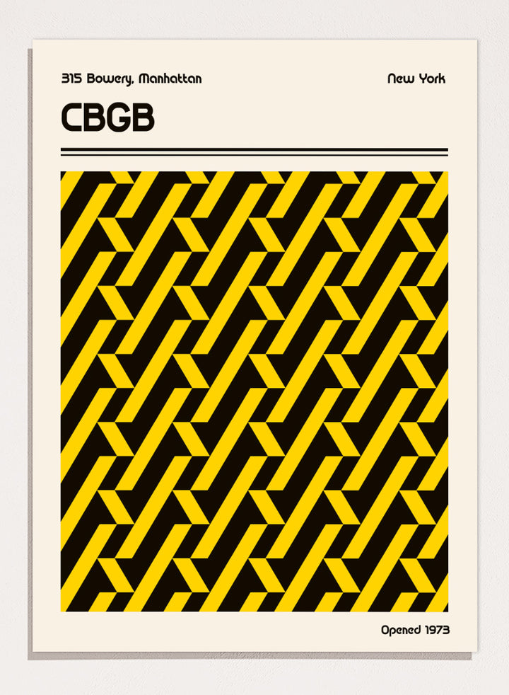 A vintage-style poster or print featuring a bold black and yellow geometric pattern in the center, with the text &