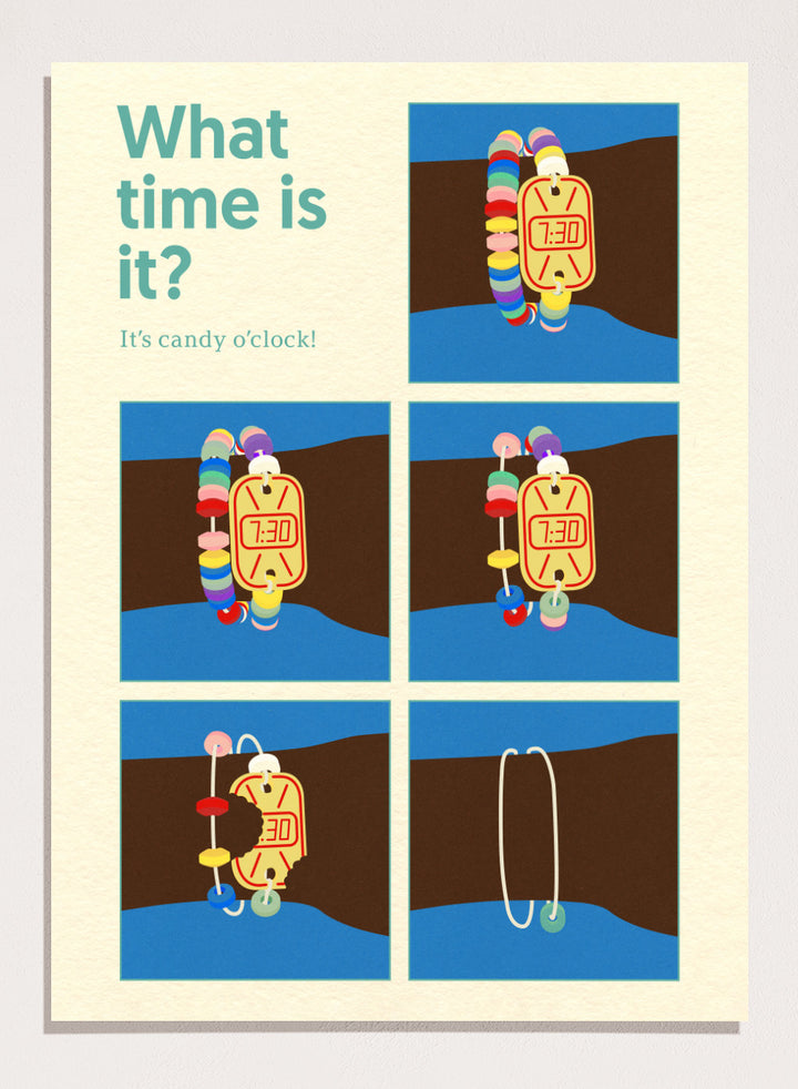 Cartoon character with a candy clock on wrist, asking 'What time is it? It's candy o'clock!' on a blue and brown background. Poster Candy Clock by Rosi Feist is a playful candy bracelet art print with bold Bauhaus design and retro color. Officially licensed modern wall poster.
