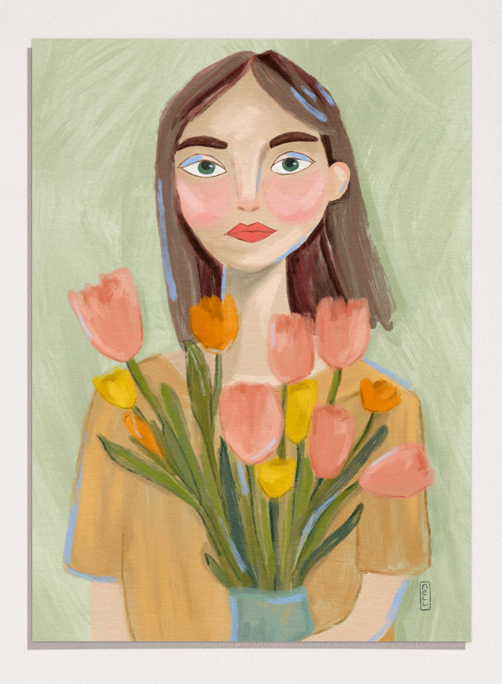 Artistic illustration of a woman holding flowers with a soft, pastel background. Woman with Spring Tulips by Dirkie Nell is a contemporary floral portrait art print featuring hand painted tulips, expressive illustration, and soft spring colors.