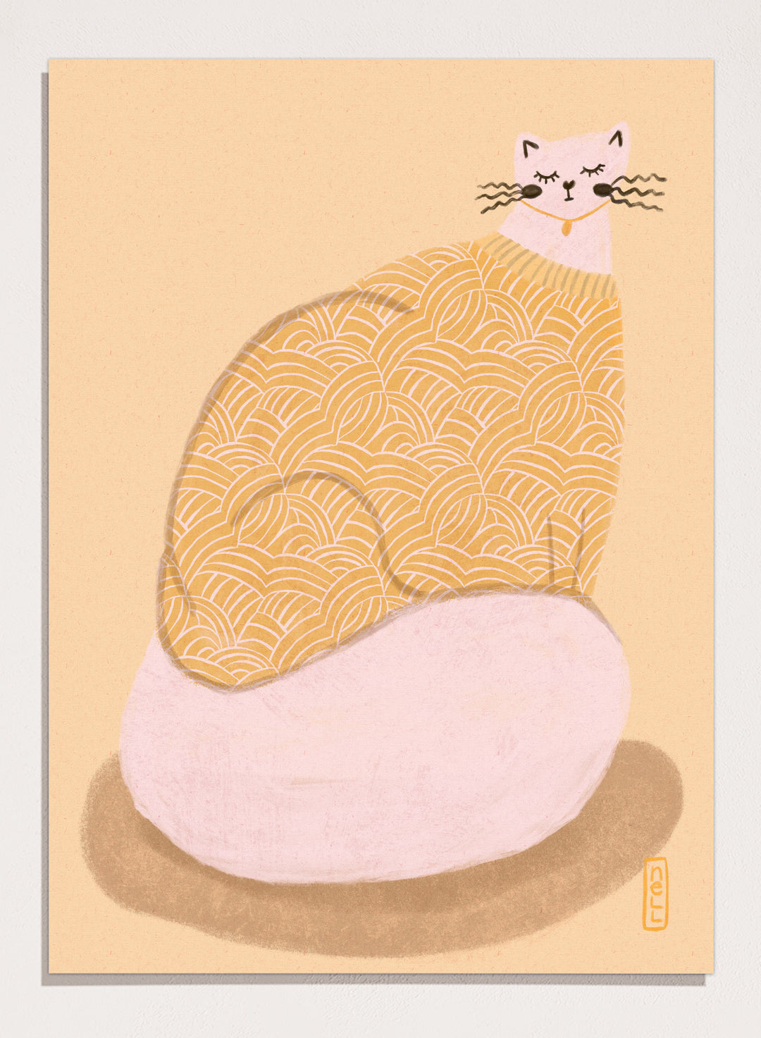 Cozy Cat in Sweater by Dirkie Nell is a modern cat art print with soft pastel tones, playful illustration details, and cozy hand drawn aesthetic wall art.