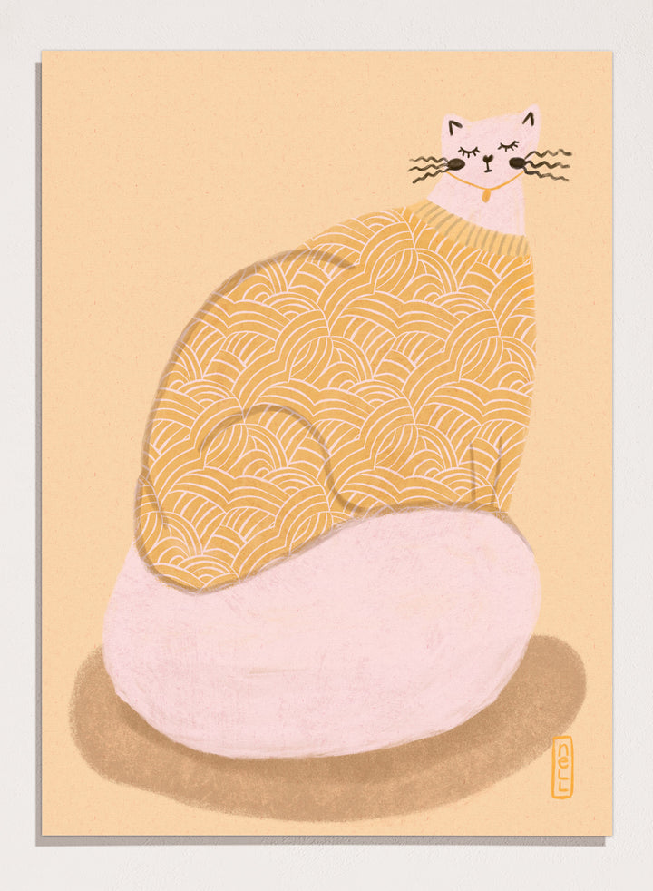Cozy Cat in Sweater by Dirkie Nell is a modern cat art print with soft pastel tones, playful illustration details, and cozy hand drawn aesthetic wall art.