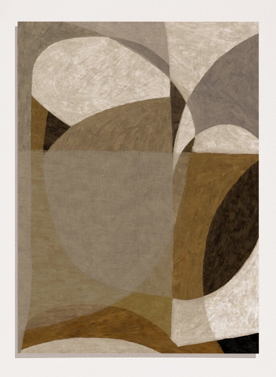 An abstract geometric area rug featuring overlapping organic shapes in shades of taupe, beige, brown, and charcoal gray. Shop Earthy Abstract Shapes by Dan Hobday, a neutral abstract art print featuring layered organic forms, warm earthy tones, and soft textured detail.
