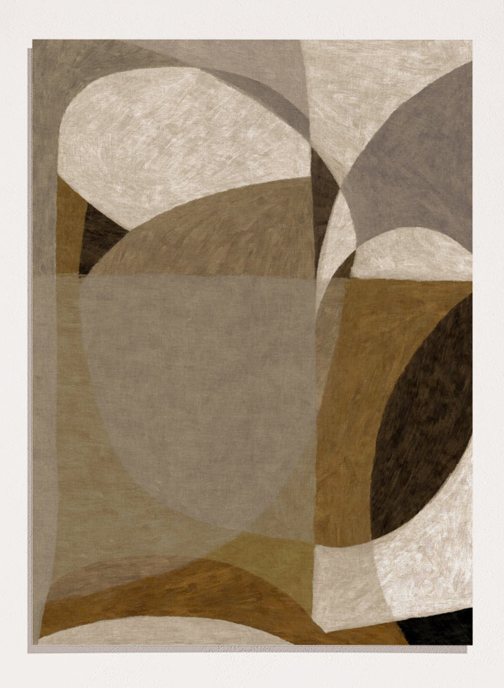An abstract geometric area rug featuring overlapping organic shapes in shades of taupe, beige, brown, and charcoal gray. Shop Earthy Abstract Shapes by Dan Hobday, a neutral abstract art print featuring layered organic forms, warm earthy tones, and soft textured detail.