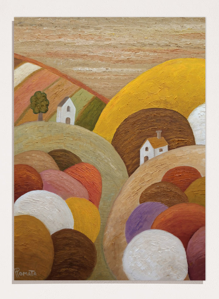 Shop Colorful Hillside Village by Angeles M. Pomata, an autumn landscape art print featuring rounded hills, tiny white houses, earthy tones, and rich oil texture.