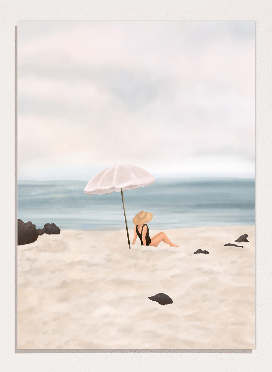 Woman under an umbrella on a beach with a calm ocean and sky. Serene Beach Scene by Flow Line is a coastal art print featuring a woman by the ocean, beach umbrella, seaside illustration, and summer wall art.