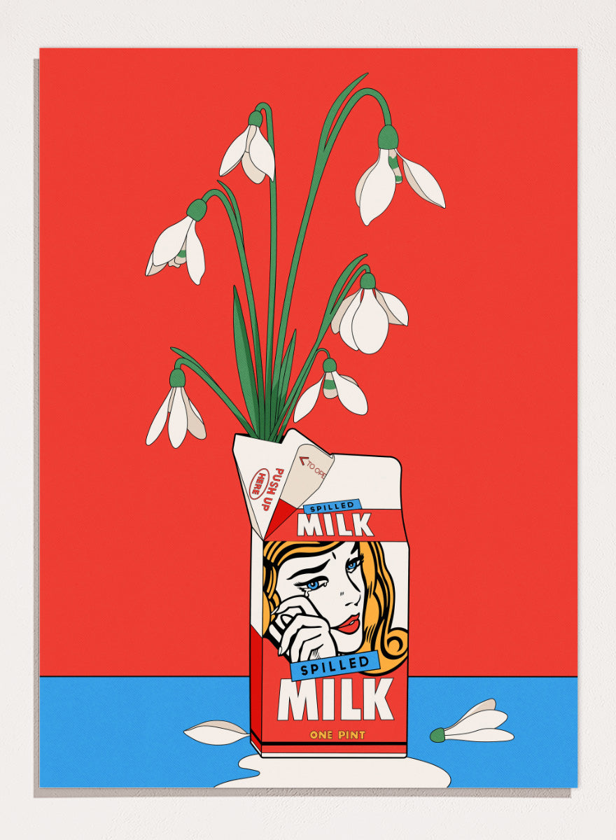 A stylized pop-art illustration of a milk carton with a woman&