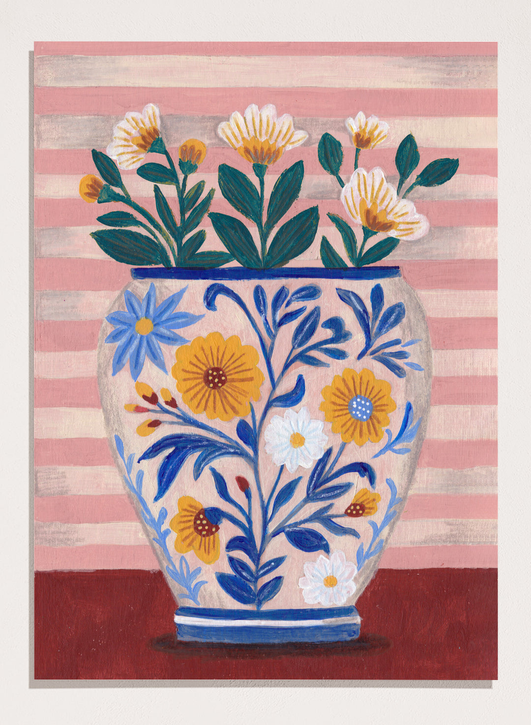 Decorative vase with floral design on a striped background. Potted Florals Pastels & Stripes by Caroline Bonne Müller is a fine art print and wall poster featuring a floral vase with pastel stripes background.