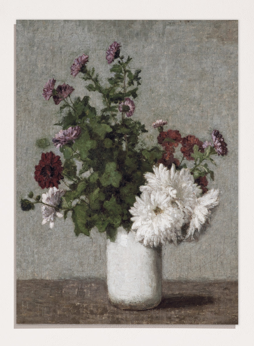 Shop Autumn Chrysanthemums in a White Vase by Henri Fantin-Latour, a vintage floral wall art print poster featuring chrysanthemums in muted green tones.