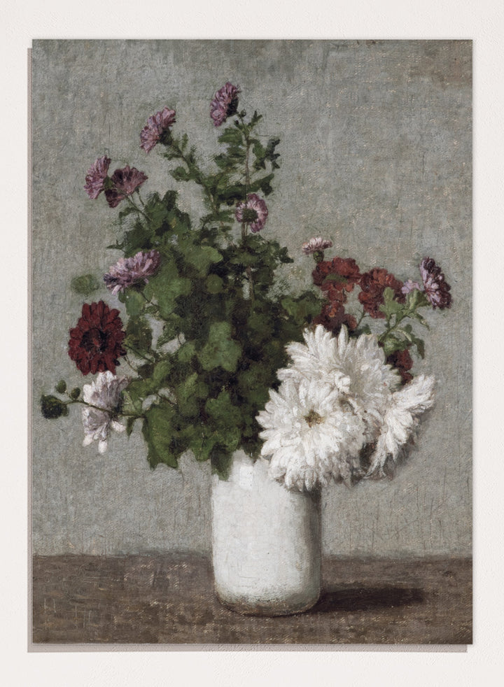 Shop Autumn Chrysanthemums in a White Vase by Henri Fantin-Latour, a vintage floral wall art print poster featuring chrysanthemums in muted green tones.
