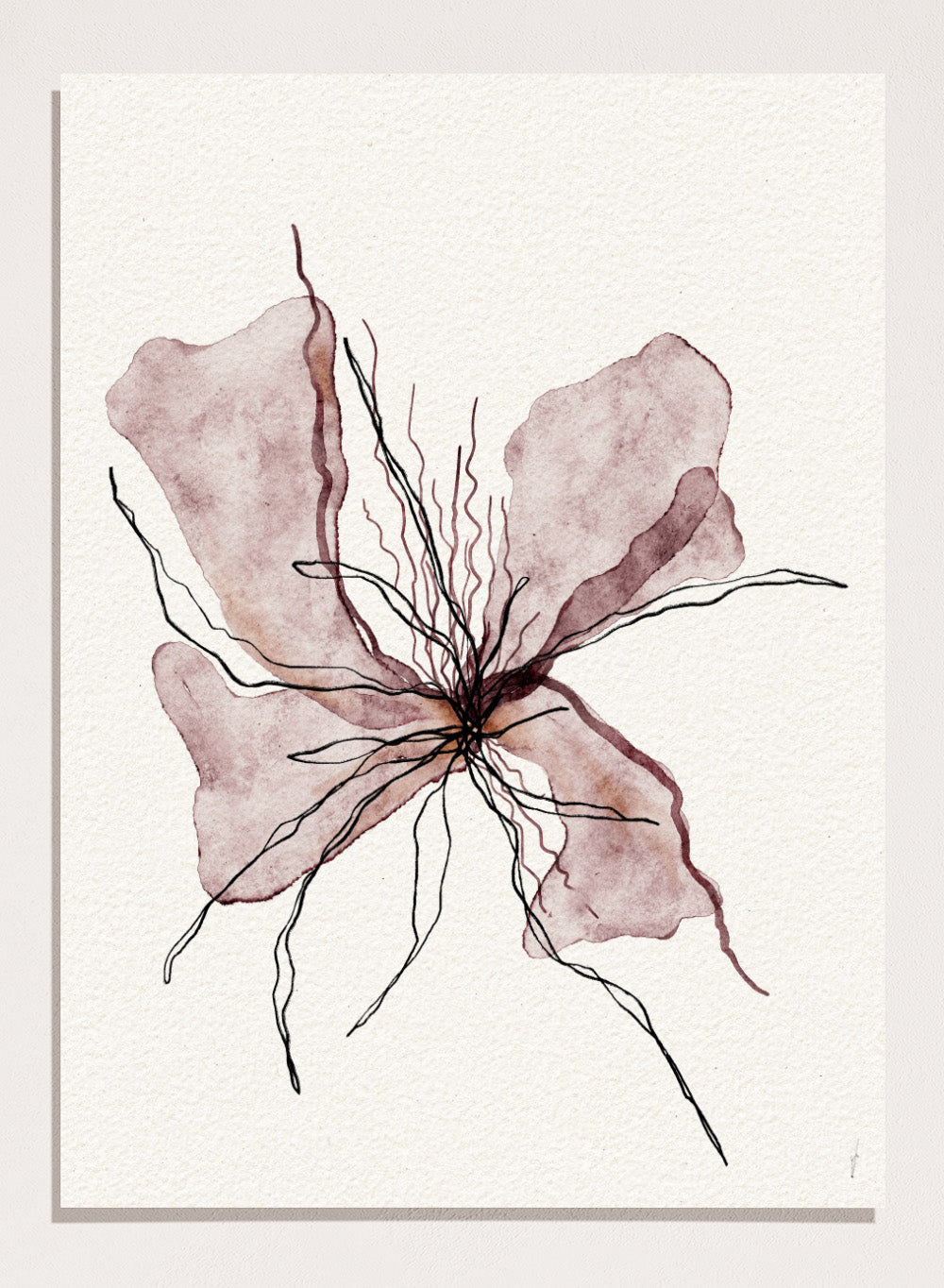 Booming Blooming by Ankie Kooi features an abstract flower illustration with soft watercolor petals and fine line details. Minimal botanical art print inspired by nature and growth.