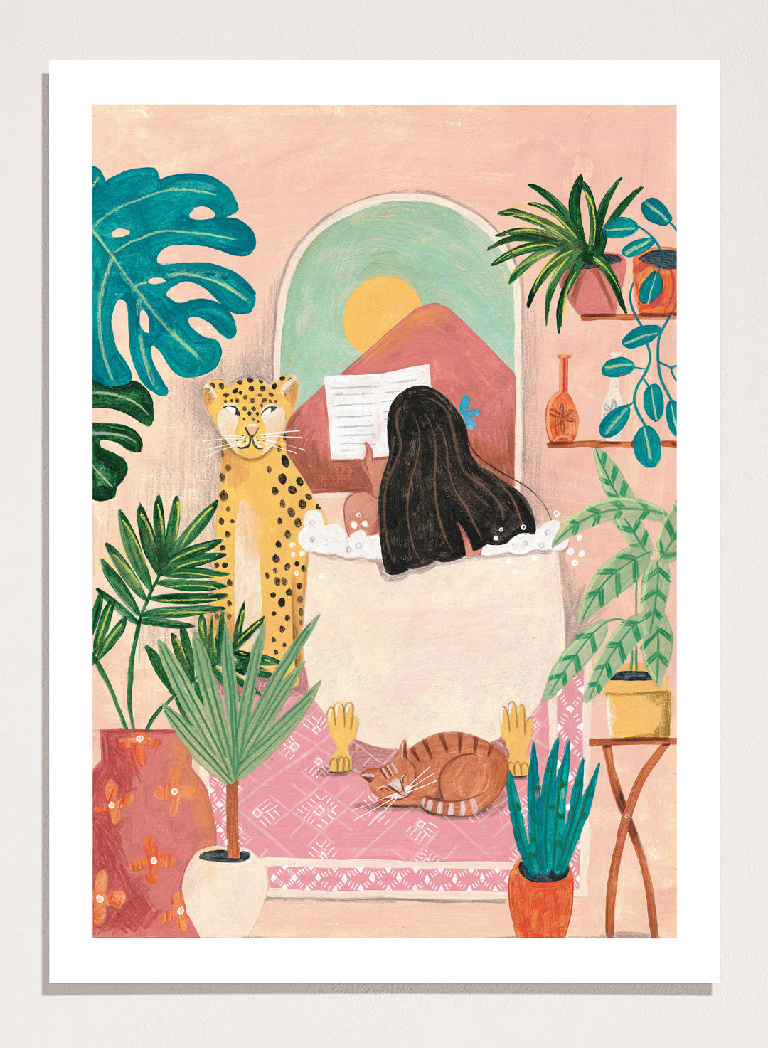 Illustration of a woman reading a book with a leopard and cat in a room filled with plants. Girl Reading Tropical Bath by Caroline Bonne Müller fine art print, wall art poster with bold color, tropical interior, modern playful aesthetic design.