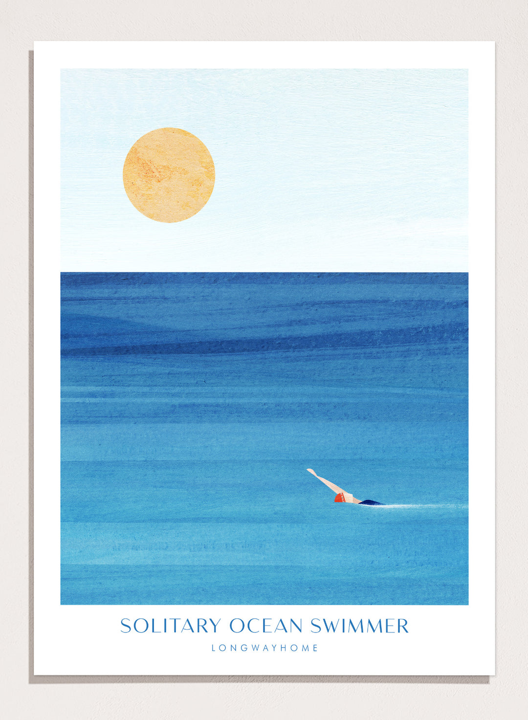 Art print of a solitary ocean swimmer with a large sun in the sky. Solitary Ocean Swimmer by Longwayhome is a minimalist ocean art print featuring deep blue water, lone swimmer imagery, and calming coastal wall art.