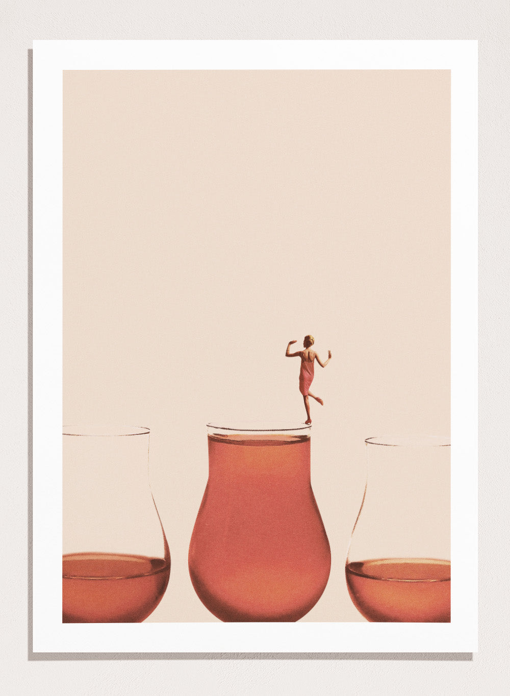I Prefer the Full One by Maarten Léon collage art print featuring a woman standing on a full glass. Premium fine art print with real wood framing.