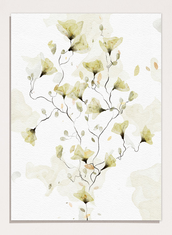 Watercolor floral art print featuring delicate pale yellow and beige flowers on a textured off-white background. Shop Delicate Watercolor Flowers by Ankie Kooi, a floral wall art print poster with watercolor wildflowers, botanical line art, yellow, green, and cream.