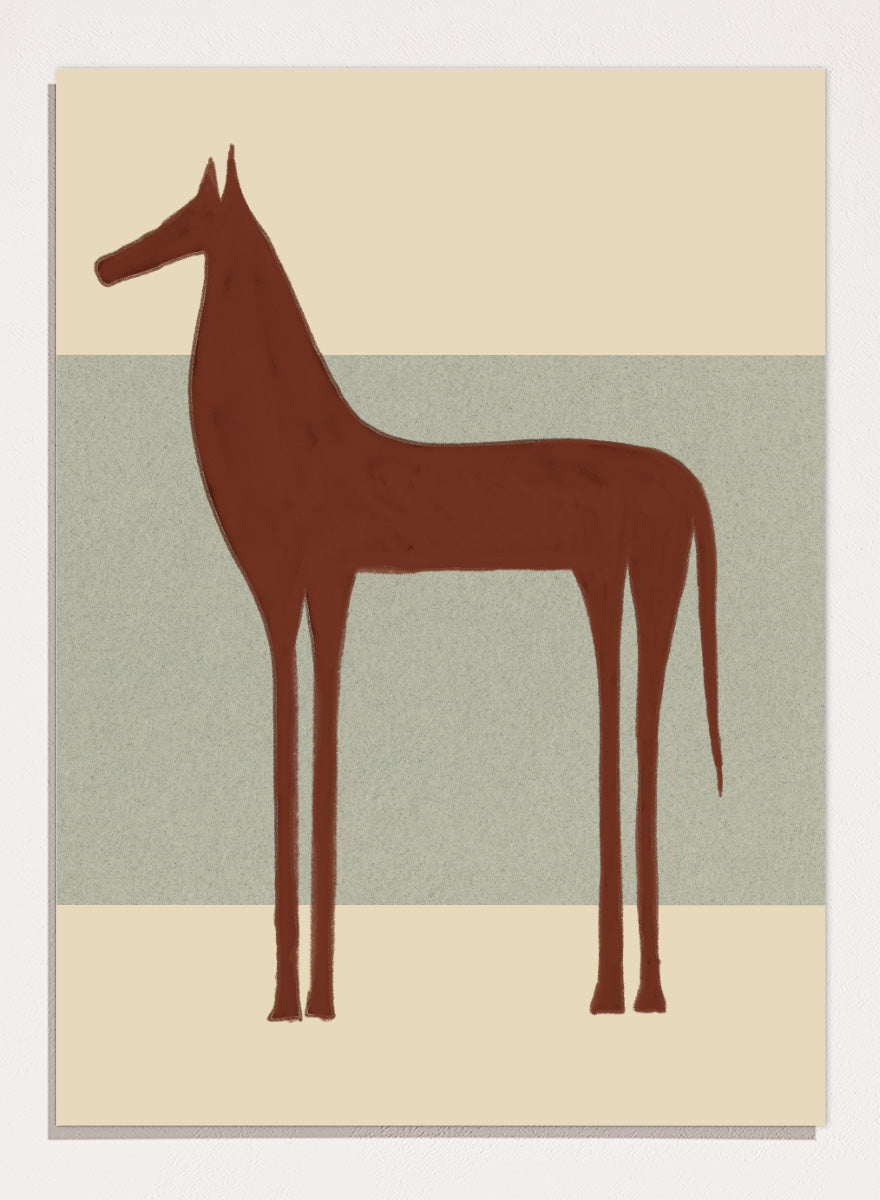 Minimalist Brown Horse by The Art Concept animal art print featuring a tall brown horse, elongated proportions, and a soft cream and blue-grey background.