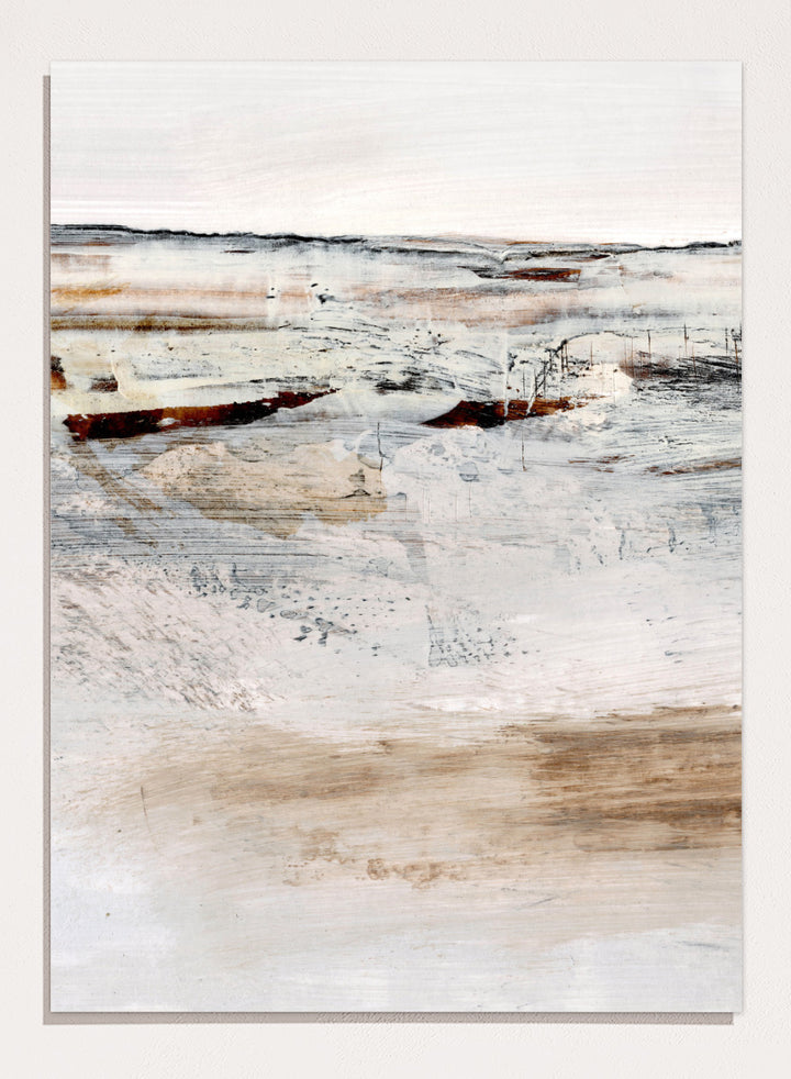 Shop August No. 01 by Dan Hobday, an abstract landscape art print featuring soft neutral tones, rust accents, layered brushwork, and an open windswept feel.