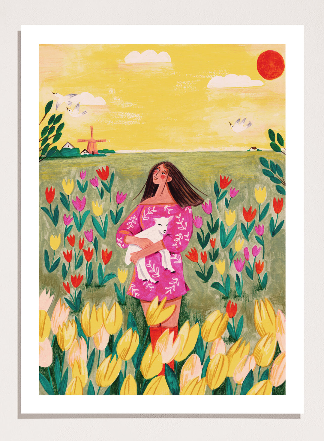 Woman holding a lamb in a field of flowers with a yellow sky and red sun. Woman Lamb Tulip Field by Caroline Bonne Müller is a fine art print and wall poster of a woman holding a lamb in a tulip field with a bright landscape.