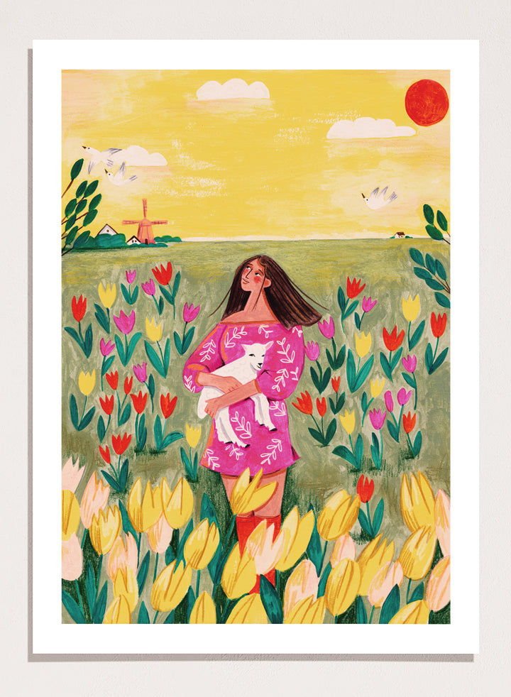 Woman holding a lamb in a field of flowers with a yellow sky and red sun. Woman Lamb Tulip Field by Caroline Bonne Müller is a fine art print and wall poster of a woman holding a lamb in a tulip field with a bright landscape.