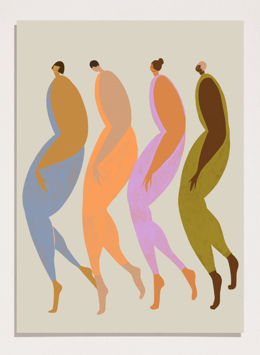 Abstract illustration of four stylized figures in various colors on a beige background. We The Giants by Arty Guava is a modern art print of four bold figures walking together, celebrating strength and sisterhood. Officially licensed wall poster.