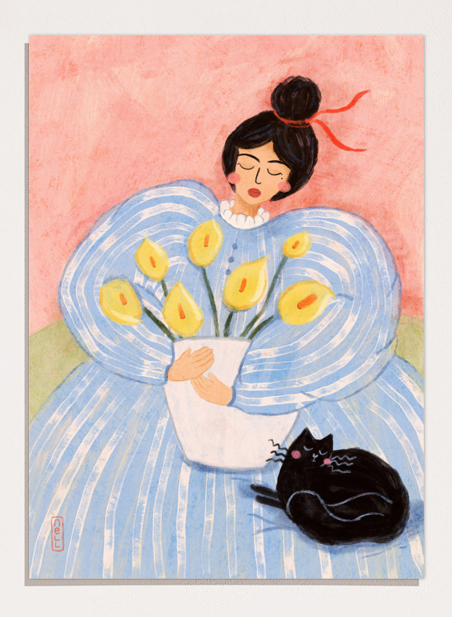 A stylized painting of a woman in a voluminous light blue dress holding a white vase with yellow flowers, with a black cat at her side against a pink background. Woman With Flowers And Cat by Dirkie Nell is a colorful portrait and floral art print featuring a woman, yellow flowers, blue dress, and black cat.