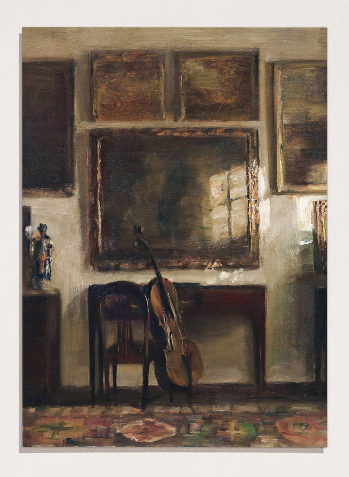 Painting of a room interior with a guitar, chair, and framed pictures. Interior with a Cello by Carl Holsøe is a vintage Danish interior art print featuring a cello, Scandinavian interiors, muted tones, and classic European home decor.