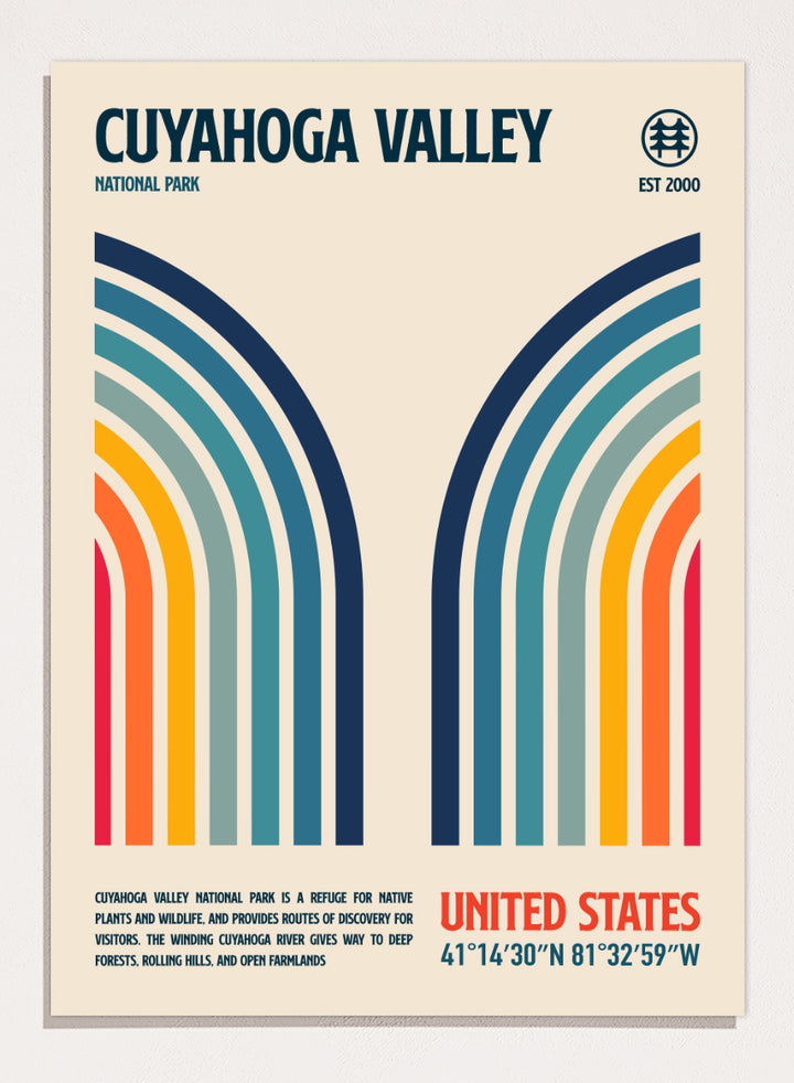 A retro-style poster for Cuyahoga Valley National Park featuring symmetrical rainbow arches in blue, teal, green, yellow, orange, and red on a cream background, with text reading &