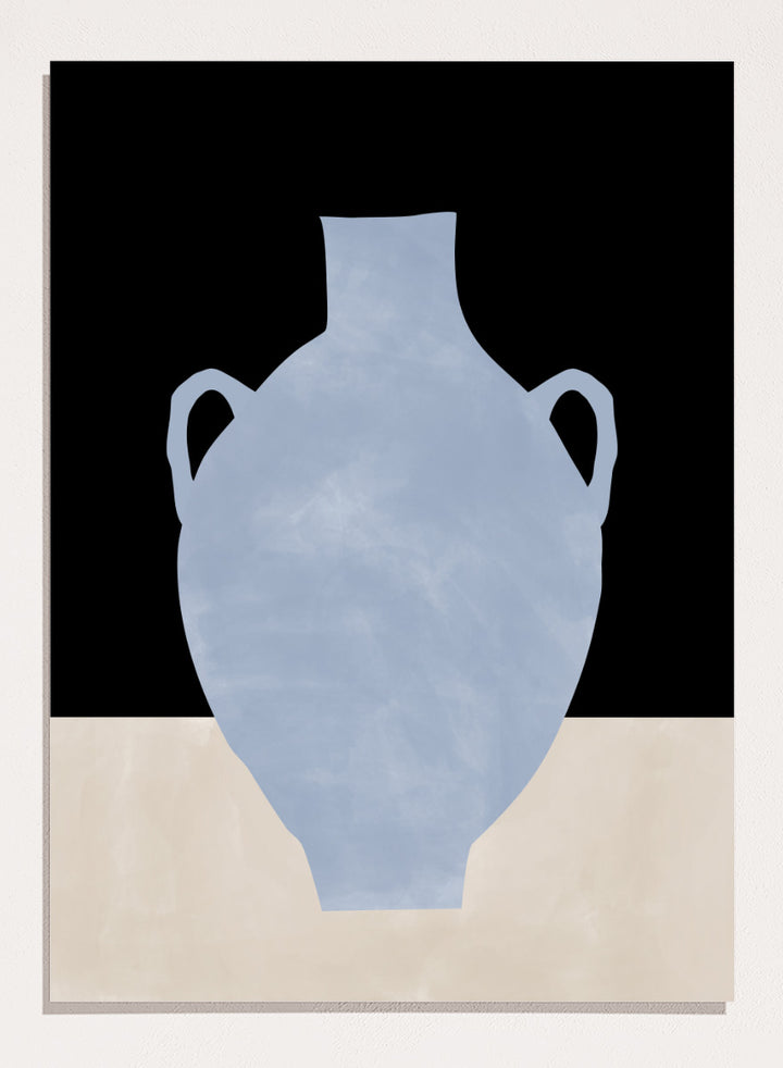 Shop Blue Minimalist Vase by Elena Ristova, a modern still life wall art print poster featuring a pale blue amphora against black and cream blocks.