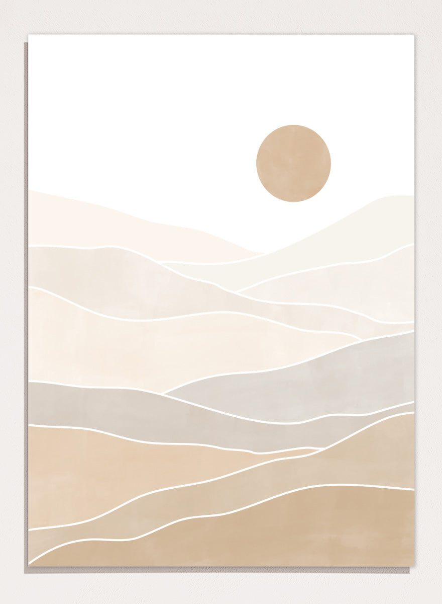 Shop Layered Desert Sun by Elena Ristova, a modern desert wall art print poster featuring soft layered dunes, pale neutral tones, and a muted sun.