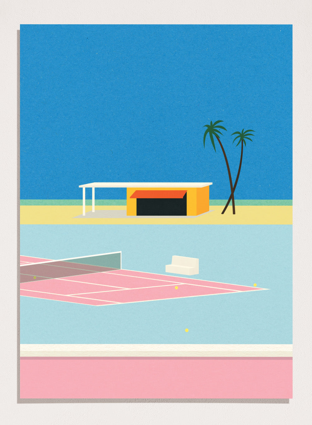 Simplified illustration of a tennis court with a small building and palm trees against a blue sky. Tennis By the Beach by Rosi Feist is a minimalist modern art print of a tennis court beside beach and palm trees. Officially licensed fine art poster with framing.