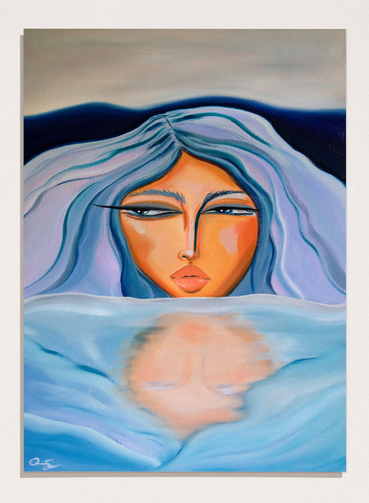 Artistic depiction of a woman with blue hair and a serene expression, surrounded by water. Ethereal Woman's Reflection by Amy Straley is a contemporary figurative art print featuring a feminine portrait, water reflection, and soft blue tones.