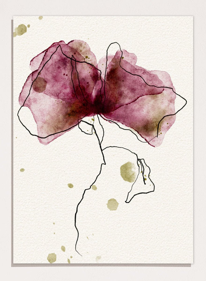 Abstract watercolor floral art print featuring a large flower with translucent mauve, burgundy, and olive-green washes outlined in black on textured off-white paper. Shop Ethereal Floral Outline by Ankie Kooi, a modern floral wall art print poster with abstract flower line art, watercolor botanicals, deep berry, and olive green.