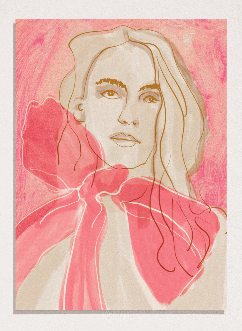 Artistic illustration of a woman with a pink bow tie on a pink background. Ethereal Red by Beate Tubach is a modern portrait art print featuring expressive linework and flowing red tones. A contemporary figurative wall poster.
