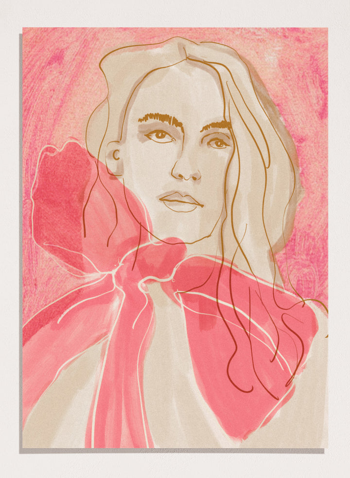 Artistic illustration of a woman with a pink bow tie on a pink background. Ethereal Red by Beate Tubach is a modern portrait art print featuring expressive linework and flowing red tones. A contemporary figurative wall poster.