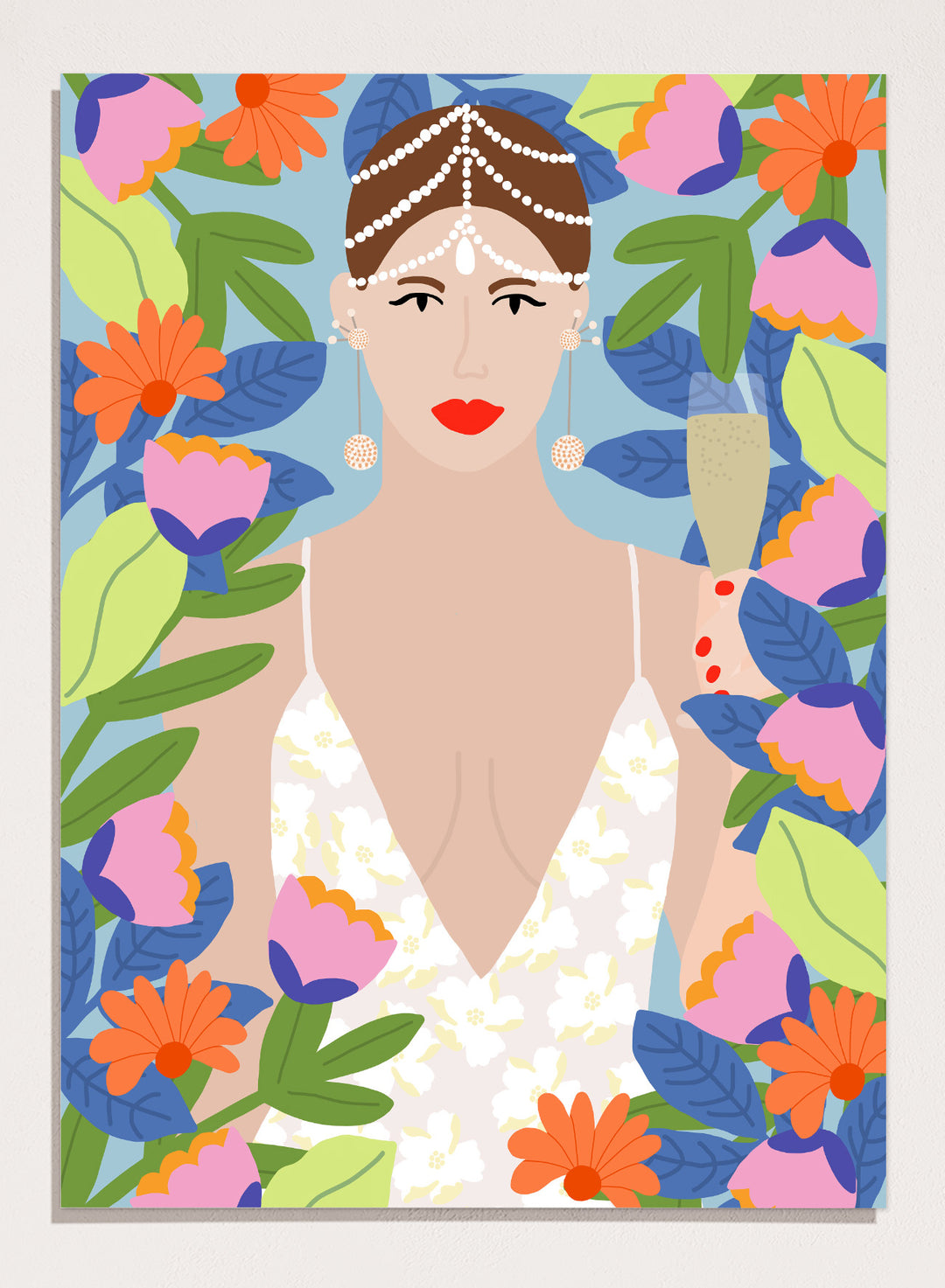 Illustration of a woman with flowers and leaves around her. Summer Queen in Flowers by Rafaela Mascaro is a vibrant floral art print celebrating confidence, femininity, color, and lush botanical beauty.
