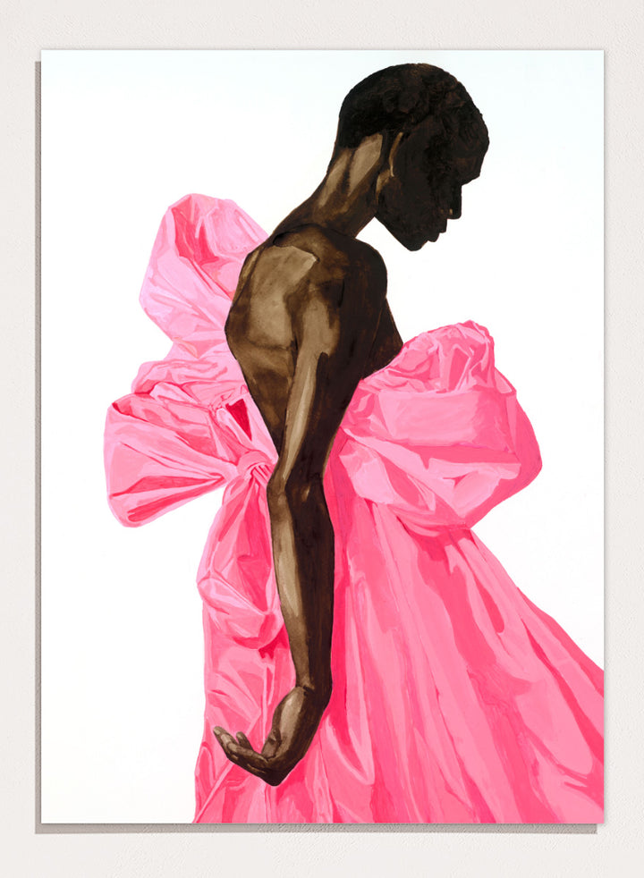 Shop Vibrant Pink Bow Dress by Sophia Novosel, a modern fashion wall art print poster featuring a woman in a dramatic pink dress with oversized bows.
