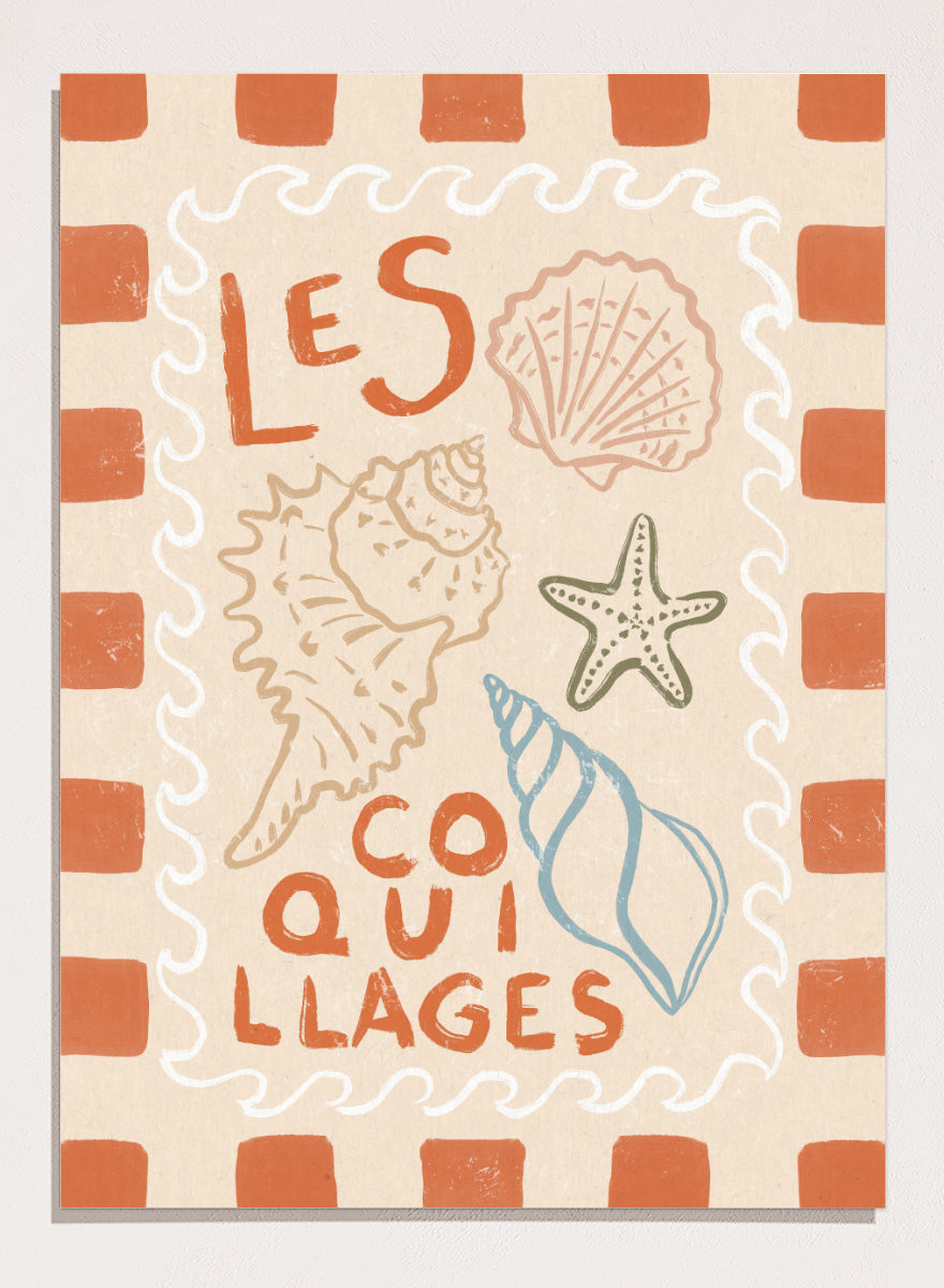 A square decorative print or card with the French text “LES COQUILLAGES” in orange lettering, surrounded by illustrated seashells and a starfish on a cream background with an orange-and-white check border. Rustic French Seashells by Katarzyna Gąsiorowska coastal art print with hand-drawn shells, a starfish, French lettering, and terracotta checks.