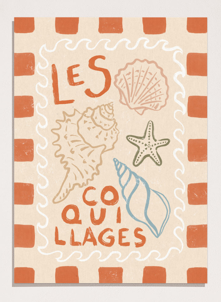 A square decorative print or card with the French text “LES COQUILLAGES” in orange lettering, surrounded by illustrated seashells and a starfish on a cream background with an orange-and-white check border. Rustic French Seashells by Katarzyna Gąsiorowska coastal art print with hand-drawn shells, a starfish, French lettering, and terracotta checks.