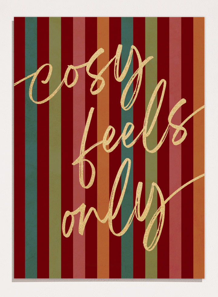 Shop Cosy Feels Christmas by Dominique Vari, a colorful holiday wall art print poster featuring retro stripes, gold lettering, and festive red and green tones.