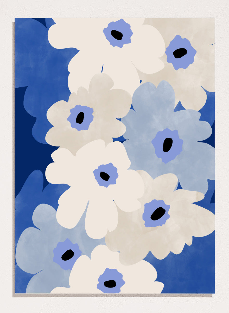 Shop White and Blue Flowers by Elena Ristova, a modern floral wall art print poster featuring oversized cream and blue blooms with bold cobalt and black details.