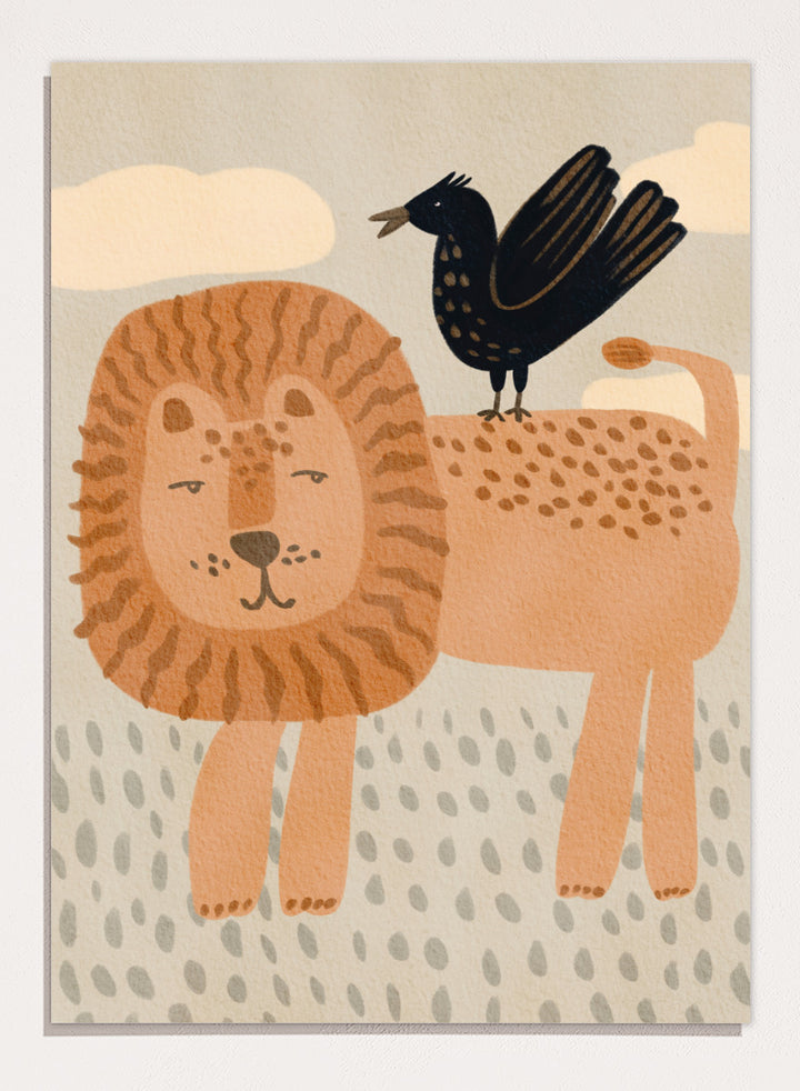 A stylized illustration of a lion and a crow on a cream background with clouds and dotted ground. The lion is tan and peach with brown stripes in its mane, and the crow is black with small gold spots. Shop Friendly Lion And Bird by Nikita Jariwala, a nursery wall art print poster with a lion, bird, animal illustration, and beige tones.