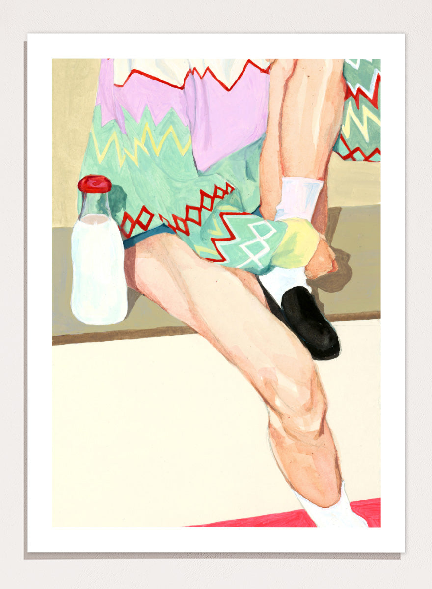 Shop Colorful Sweater Milk by Sophia Novosel, a modern figurative wall art print poster featuring a patterned sweater, milk bottle, crossed legs, and bold color.