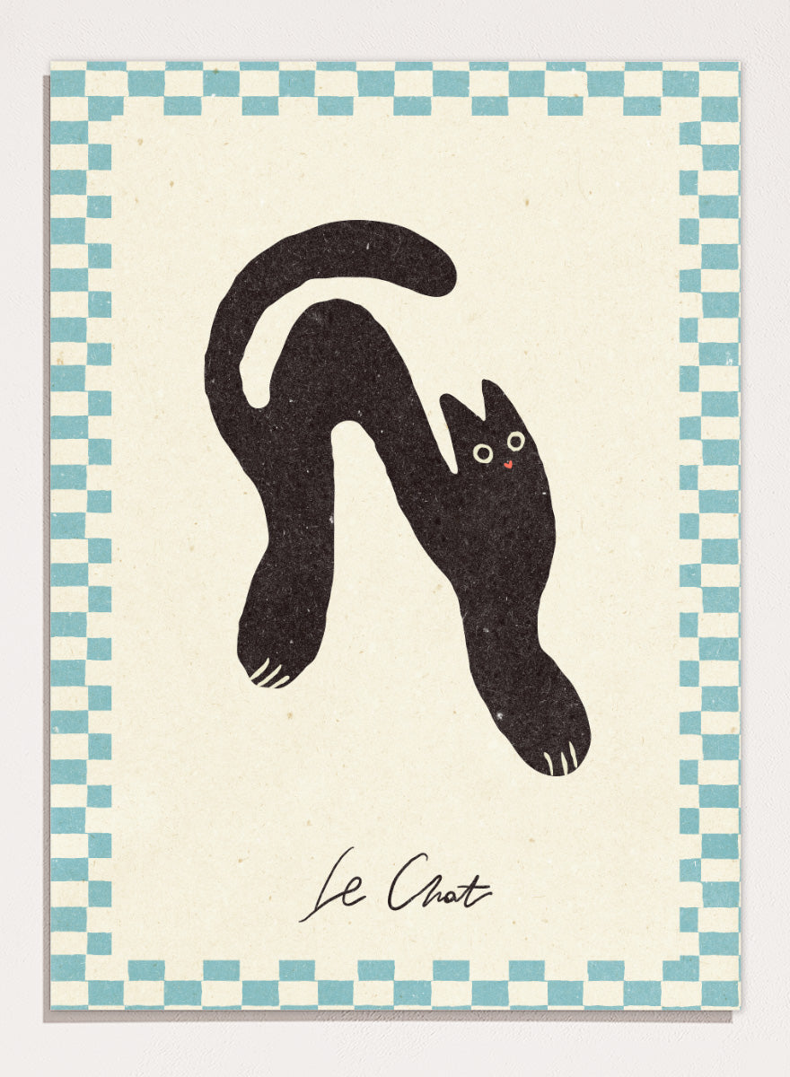 Shop Le Chat No.02 by NKTN, a playful black cat wall art print poster featuring a stretched cat, checkerboard border, and quirky vintage-inspired style.