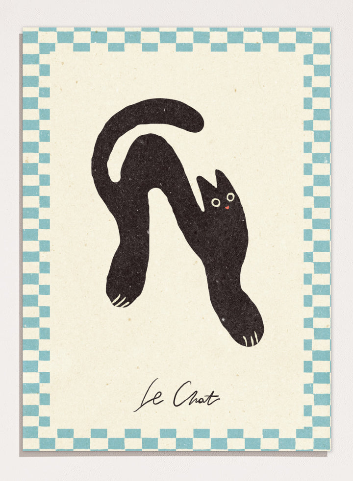 Shop Le Chat No.02 by NKTN, a playful black cat wall art print poster featuring a stretched cat, checkerboard border, and quirky vintage-inspired style.