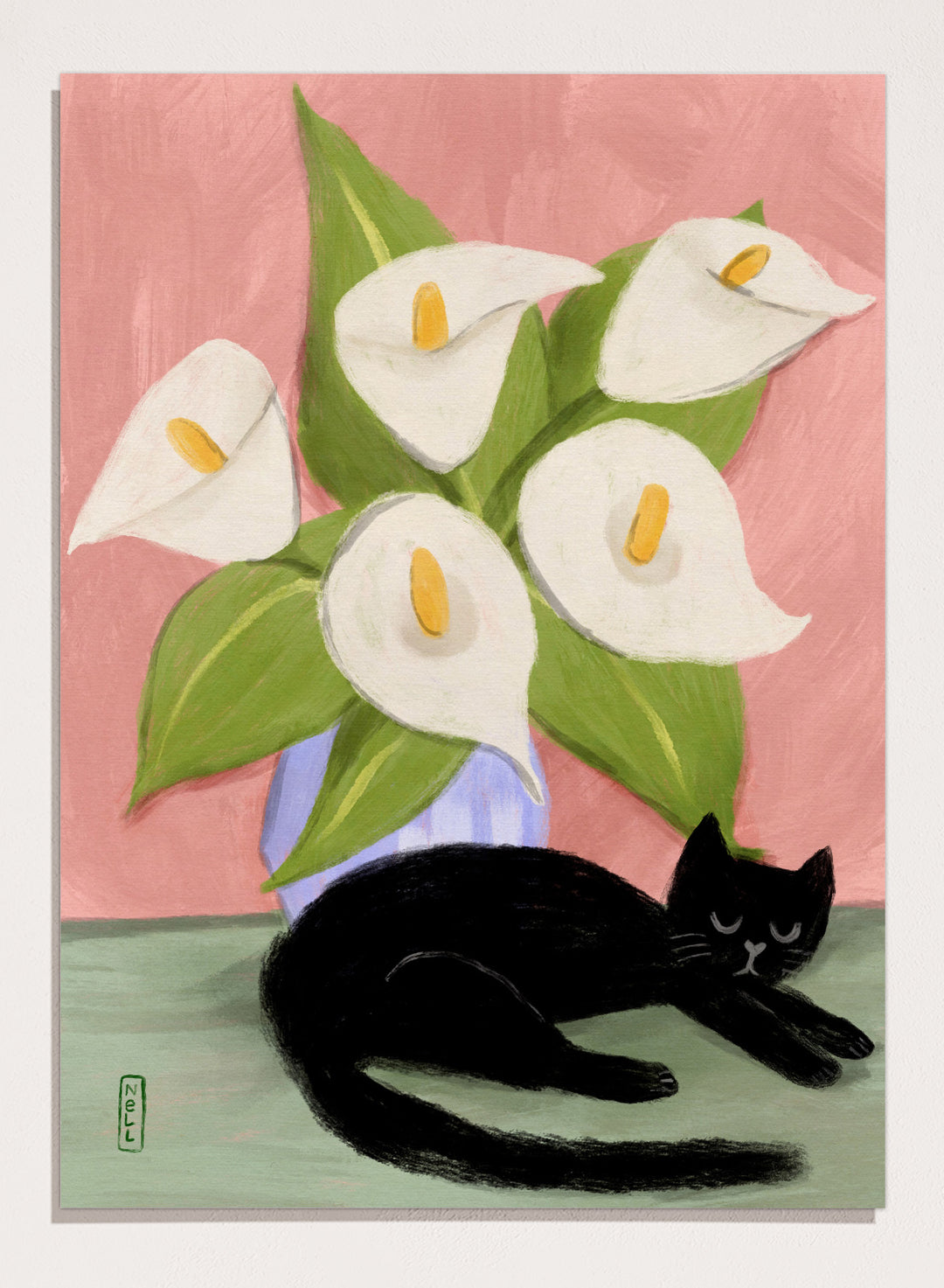 Black cat lying on a surface with white flowers in a blue vase against a pink background. Lilies In a Vase and a Black Cat by Dirkie Nell is a contemporary floral cat art print featuring hand painted lilies, soft pink tones, and playful still life illustration.
