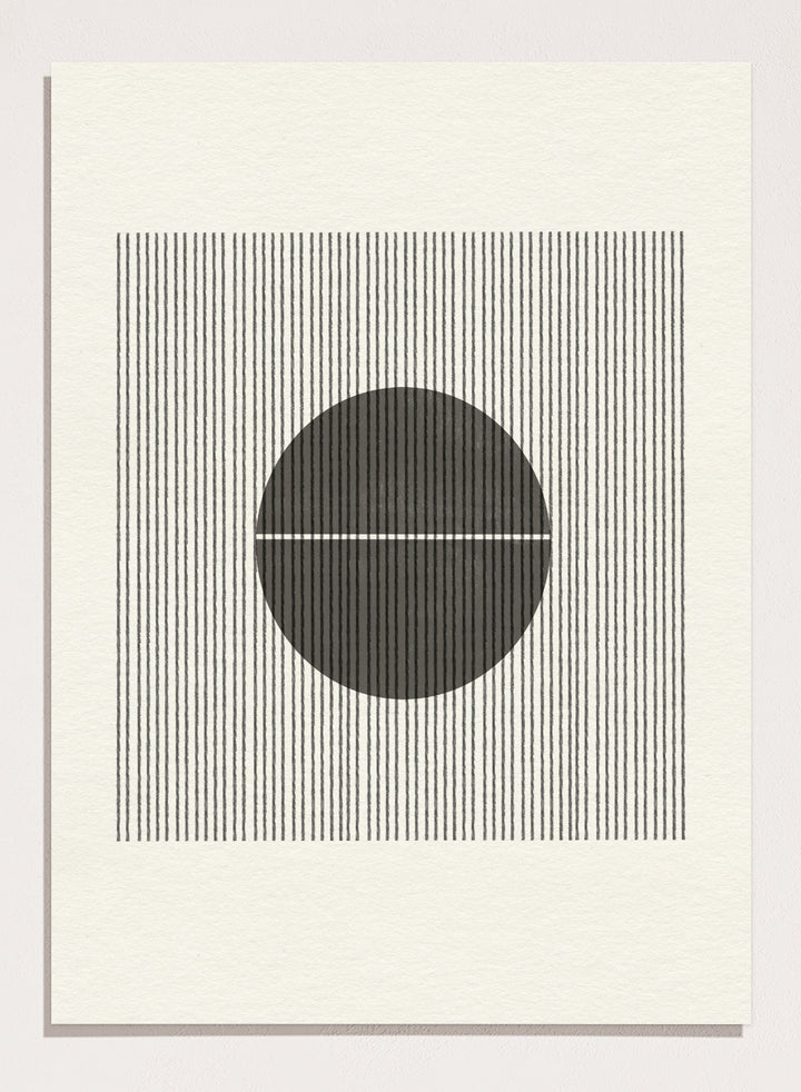 Geometric design with a circle and horizontal line on a striped background. Line and Circle Harmony by The MIUUS Studio is a minimalist abstract art print and wall poster featuring geometric linework, bold contrast, and modern black and white design.