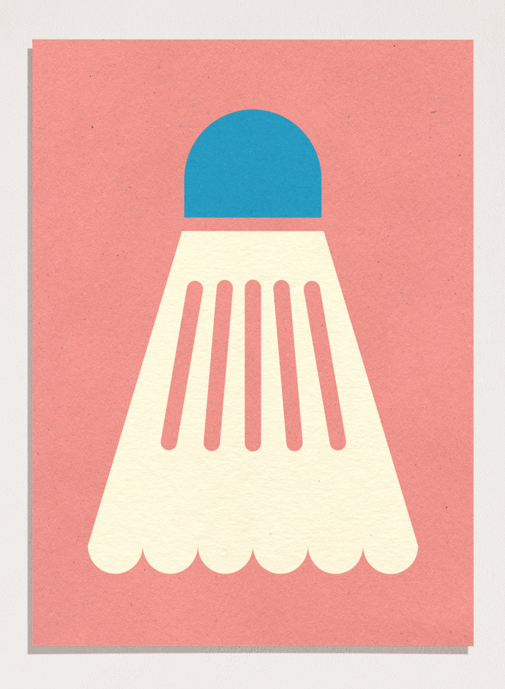 Shuttlecock with blue top and white body on a pink background. Badminton White Blue by Rosi Feist is a modern sports wall art print featuring a minimalist shuttlecock design in bold color and graphic poster style.