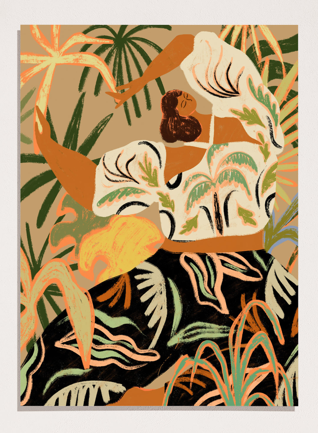 Artistic depiction of a woman in a floral dress with tropical plants in the background. Nature Embrace by Arty Guava art print featuring woman surrounded by tropical plants, flowing botanical illustration, and warm contemporary nature wall art poster.