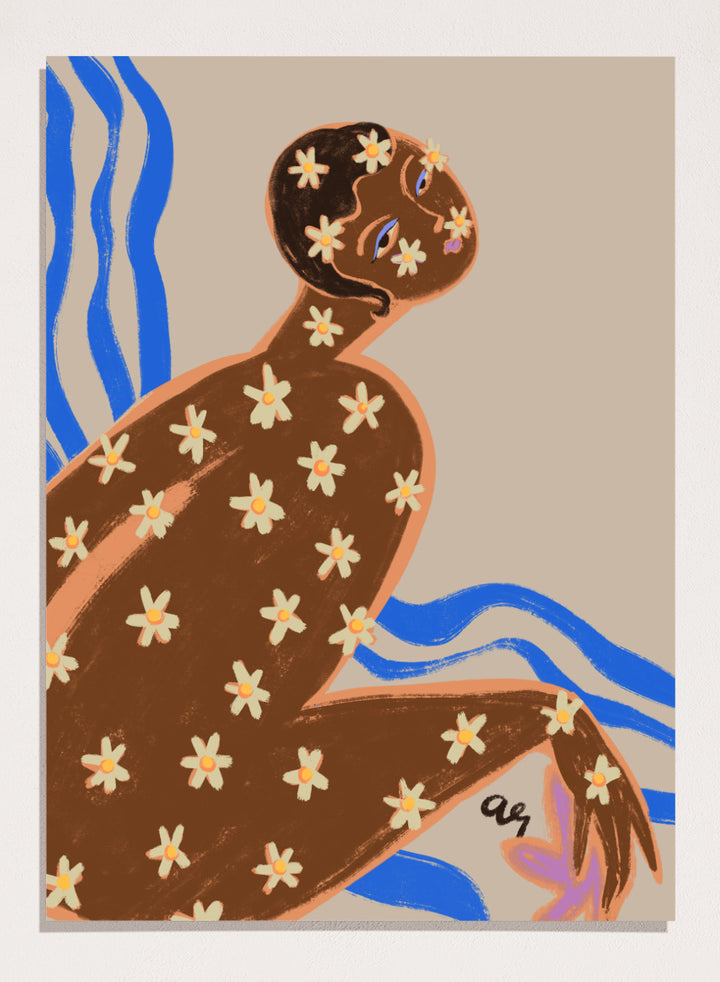 Artistic illustration of a person with floral patterns on a beige background. Blooming Daisy by Arty Guava is a modern woman floral art print with daisies and bold blue lines. Officially licensed contemporary wall poster.